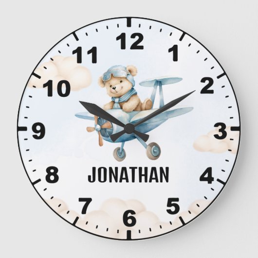 Teddy Bear Pilot in a Sky Adventure ラージ壁時計 (正面)