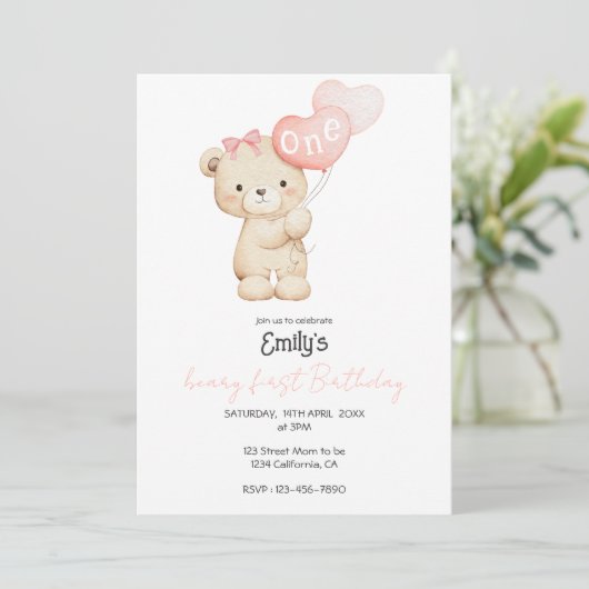 Teddy Bear pink 1st Birthday Party for Baby Girl 招待状 (スタンド正面)