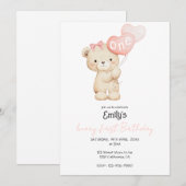 Teddy Bear pink 1st Birthday Party for Baby Girl 招待状 (正面/裏面)
