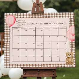 Teddy Bear Pink Baby Shower Due Date Calendar ポスター