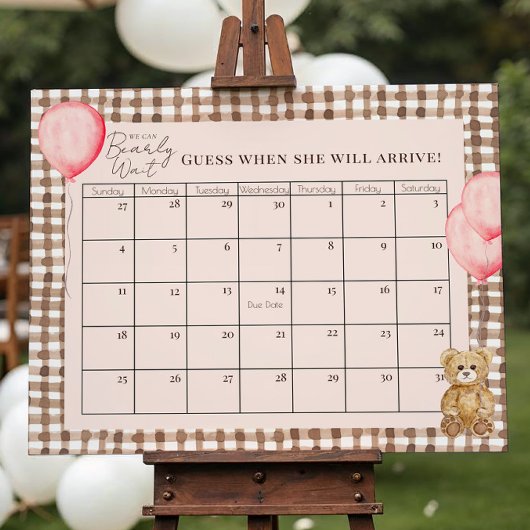 Teddy Bear Pink Baby Shower Due Date Calendar ポスター