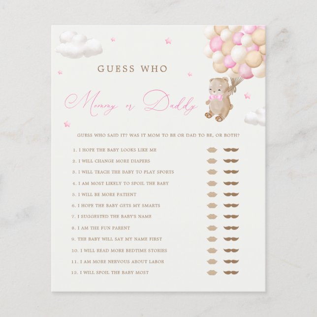 Teddy Bear Pink Baby Shower Mommy or Daddyゲーム (正面)