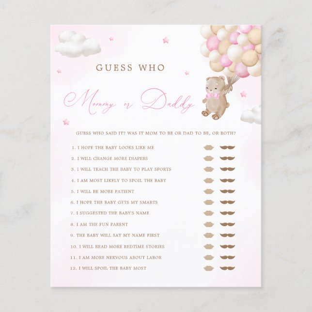 Teddy Bear Pink Baby Shower Mommy or Daddyゲーム (正面)