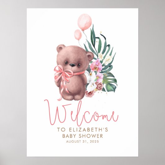 Teddy Bear Pink Baby Shower Welcome Sign ポスター (正面)