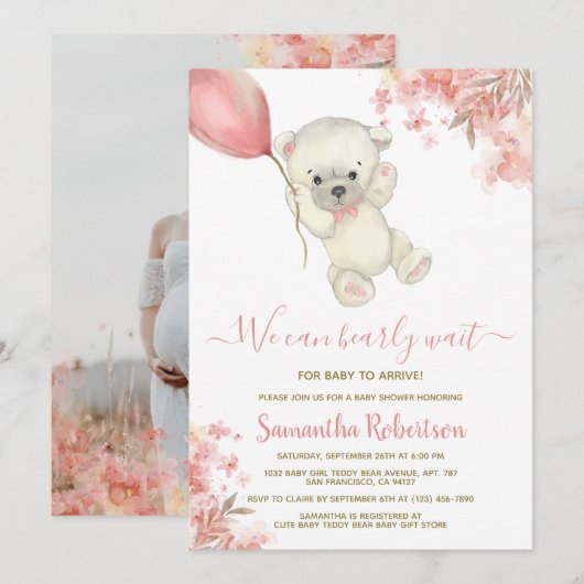 Teddy Bear Pink Balloon Girl Baby Shower写真 招待状 (正面/裏面)