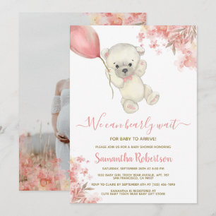 Teddy Bear Pink Balloon Girl Baby Shower写真 招待状