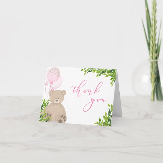 Teddy Bear Pink Balloon Greenery Girl Baby Shower サンキューカード (正面)