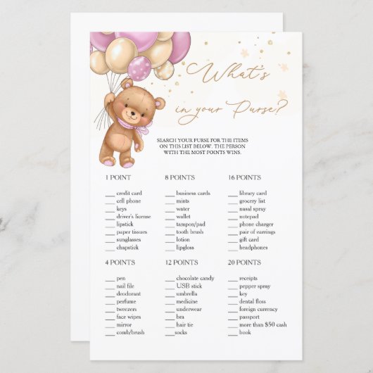 Teddy Bear Pink Balloonsあなたの財布ゲームの内容 (正面/裏面)