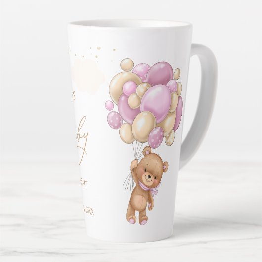 Teddy Bear Pink Balloons Baby Shower  カフェラテマグ (右アングル)