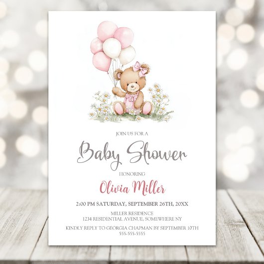 Teddy Bear Pink Balloons Baby Shower Invitation 招待状