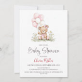 Teddy Bear Pink Balloons Baby Shower Invitation 招待状 (正面)