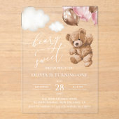 Teddy Bear, Pink Balloons, First Birthday アクリル招待状 (正面)