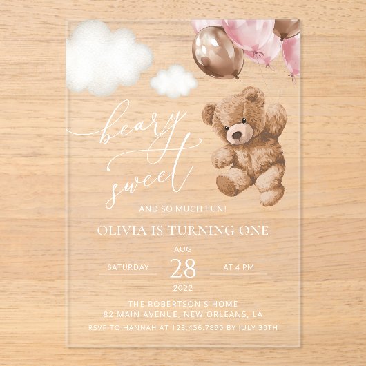 Teddy Bear, Pink Balloons, First Birthday アクリル招待状 (正面)