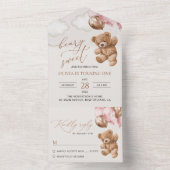 Teddy Bear, Pink Balloons, First Birthday オールインワン招待状 (内側)