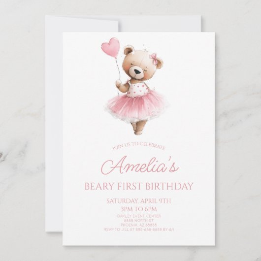 Teddy Bear Pink Beary First 1st Birthday Party 招待状 (正面)