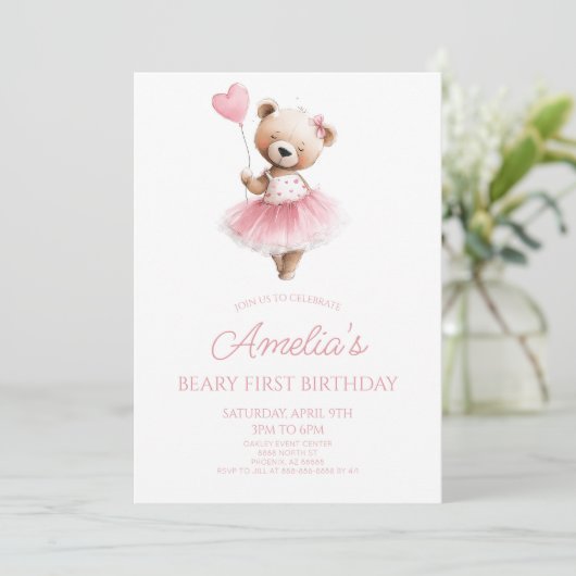 Teddy Bear Pink Beary First 1st Birthday Party 招待状 (スタンド正面)