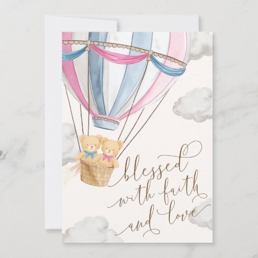 Teddy Bear Pink Blue Twins Christening 招待状 (裏面)