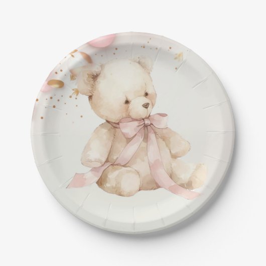 Teddy Bear Pink Champagne Gold Party Plates ペーパープレート (正面)