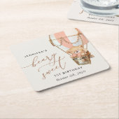 Teddy Bear, Pink Hot Air Balloon, First Birthday スクエアペーパーコースター (アングル)