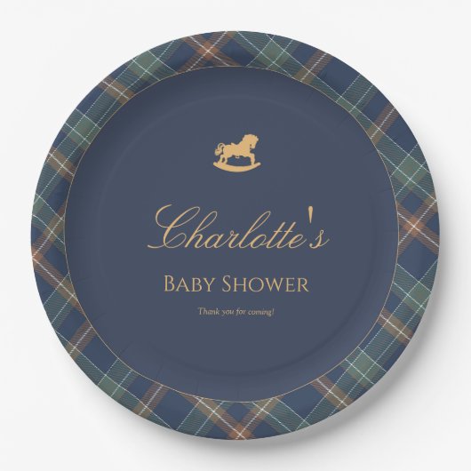 Teddy Bear Plaid Boy Baby Shower Paper Plate ペーパープレート (正面)