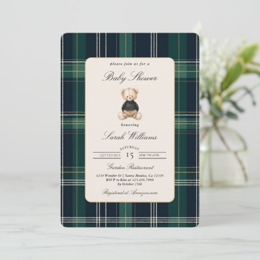 Teddy Bear Plaid Elegant Baby Shower Boy 招待状 (スタンド正面)