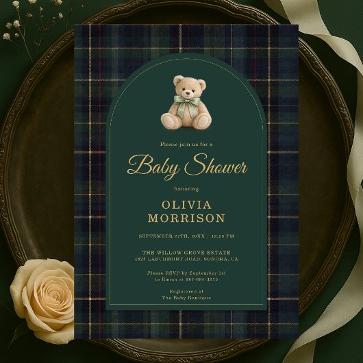 Teddy Bear Plaid Green Blue Tartan Baby Shower 招待状