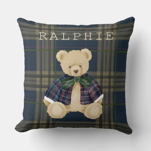 Teddy Bear Plaid Nursery Decor Throw Pillow クッション (正面)