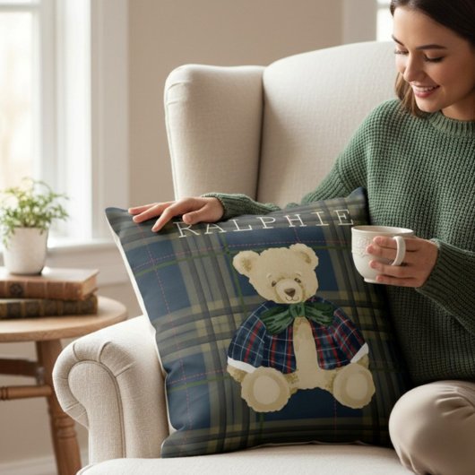 Teddy Bear Plaid Nursery Decor Throw Pillow クッション