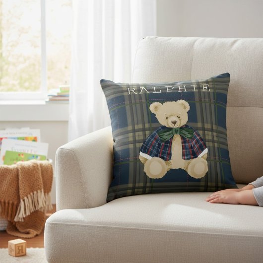 Teddy Bear Plaid Nursery Decor Throw Pillow クッション