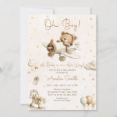 Teddy Bear Plane Oh Boy Baby Shower 招待状 (正面)