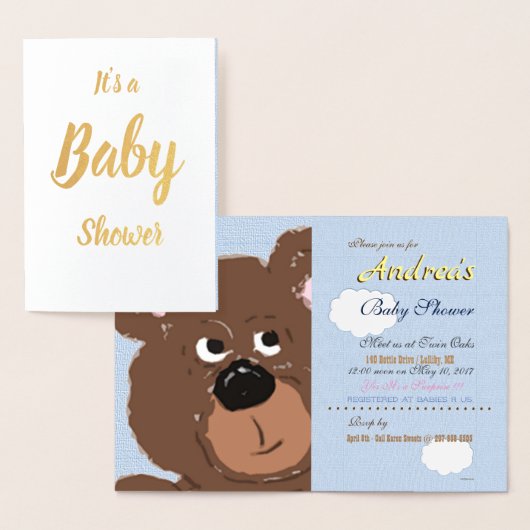 Teddy Bear Powder Blue Baby Shower 箔カード (ディスプレー)