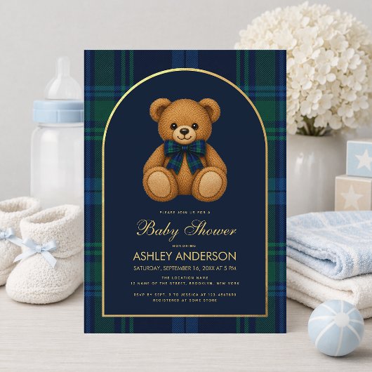 Teddy Bear Preppy Boy Baby Shower Blue Plaid Arch 招待状