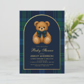Teddy Bear Preppy Boy Baby Shower Blue Plaid Arch 招待状 (スタンド正面)