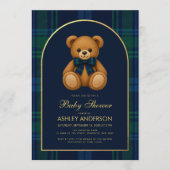 Teddy Bear Preppy Boy Baby Shower Blue Plaid Arch 招待状 (正面)