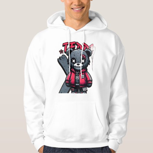 Teddy bear print hoodie in graffiti style パーカ (正面)