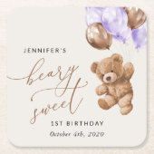 Teddy Bear, Purple Balloons, First Birthday スクエアペーパーコースター (正面)
