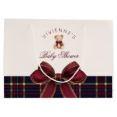 Teddy Bear Red Gold Bow Plaid Baby Shower ラージペーパーバッグ (裏面)