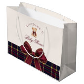 Teddy Bear Red Gold Bow Plaid Baby Shower ラージペーパーバッグ (裏面アングル)