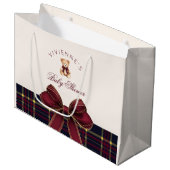 Teddy Bear Red Gold Bow Plaid Baby Shower ラージペーパーバッグ (正面アングル)