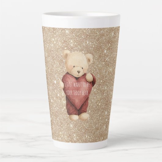 Teddy Bear Red Heart Gold Glitter カフェラテマグ (正面)