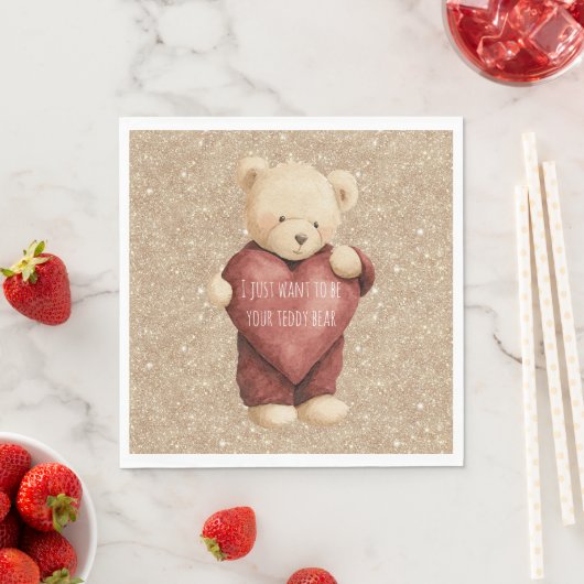 Teddy Bear Red Heart Gold Glitter スタンダードランチョンナプキン (インサイチュ)