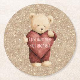 Teddy Bear Red Heart Gold Glitter ラウンドペーパーコースター