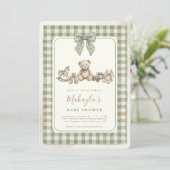 Teddy Bear Sage Green Gingham Bow Baby Shower 招待状 (スタンド正面)