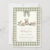 Teddy Bear Sage Green Gingham Bow Baby Shower 招待状 (正面)