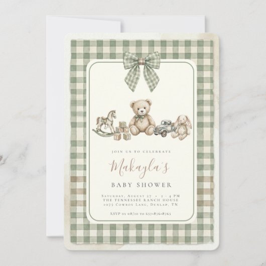 Teddy Bear Sage Green Gingham Bow Baby Shower 招待状 (正面)