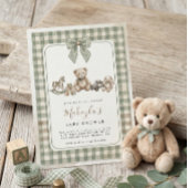 Teddy Bear Sage Green Gingham Bow Baby Shower 招待状