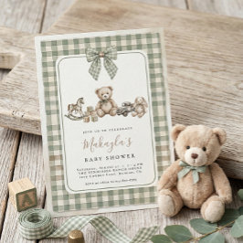 Teddy Bear Sage Green Gingham Bow Baby Shower 招待状