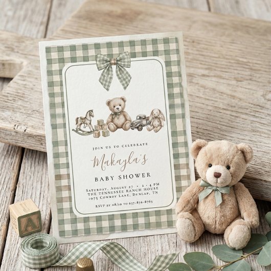 Teddy Bear Sage Green Gingham Bow Baby Shower 招待状