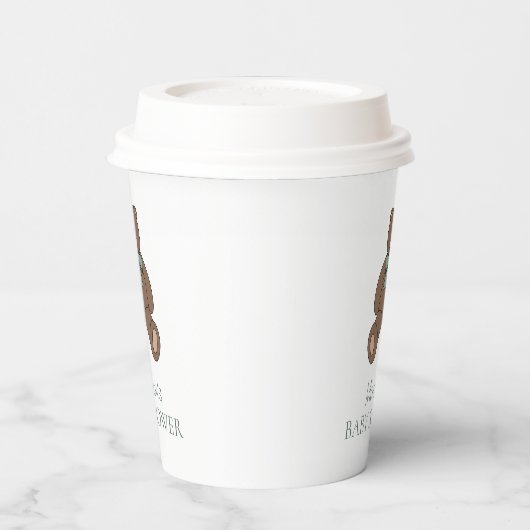 Teddy Bear Sage Green White with Name Baby Shower 紙コップ (左)