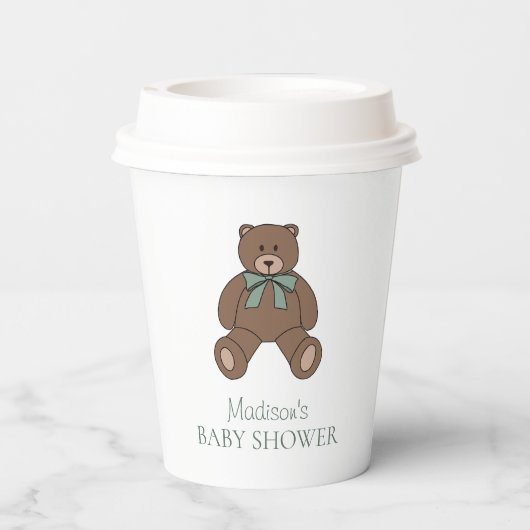 Teddy Bear Sage Green White with Name Baby Shower 紙コップ (裏面)